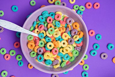 A colorful bowl of sugary cereal