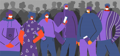 A colorful illustration of people wearing masks to reduce the risk of transmitting COVID-19