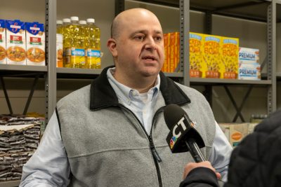 Jason Jakubowski, President and CEO of Connecticut Foodshare, speaks with NBC Connecticut during a 2023 event at  the Husky Harvest food pantry at the UConn Waterbury campus