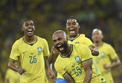 Players from the Brazil national team celebrate a goal during a match against Panama ahead of the 2026 FIFA World Cup