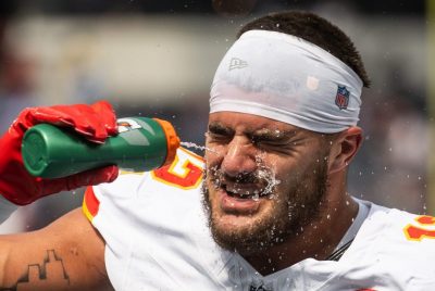KC's Jared Wiley warms up before an NFL game against the LA Chargers at SoFi Stadium in August 2024